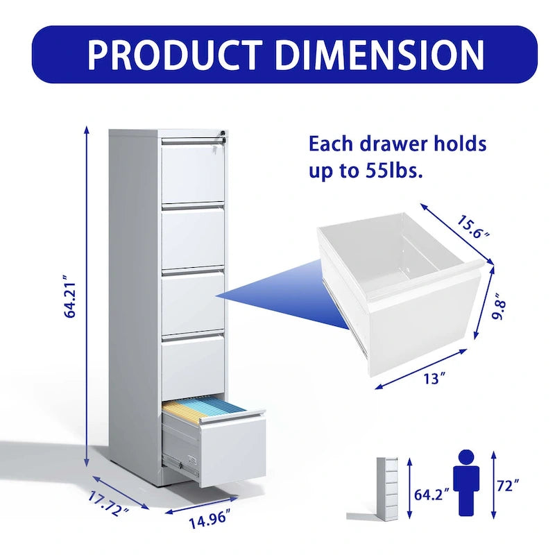 Archivador vertical metálico de 5 cajones con cerradura, archivador vertical de acero para oficina en casa para tamaño A4/legal/carta