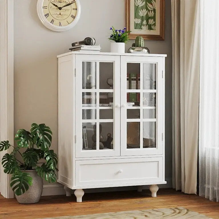 Aparador minimalista blanco con puertas dobles de cristal y cajón, aparador de almacenamiento moderno de madera