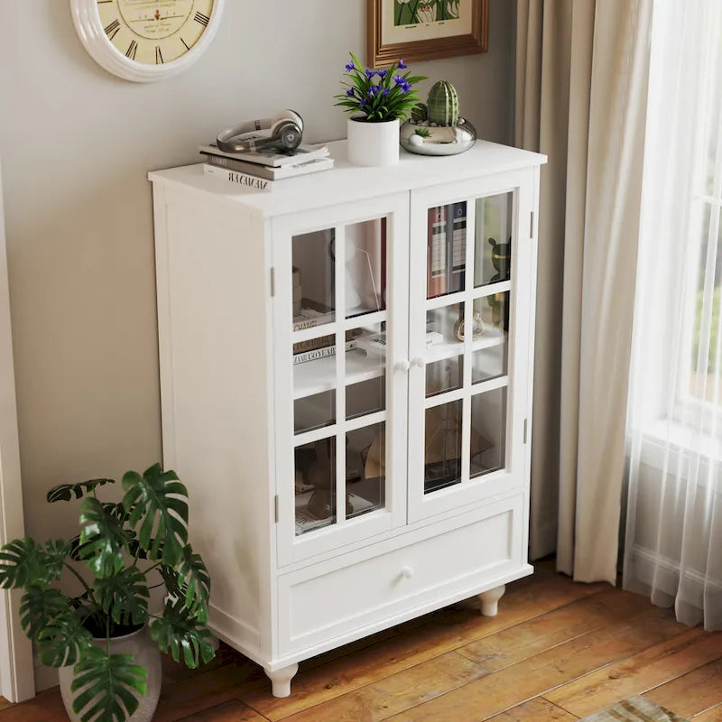 Aparador minimalista blanco con puertas dobles de cristal y cajón, aparador de almacenamiento moderno de madera