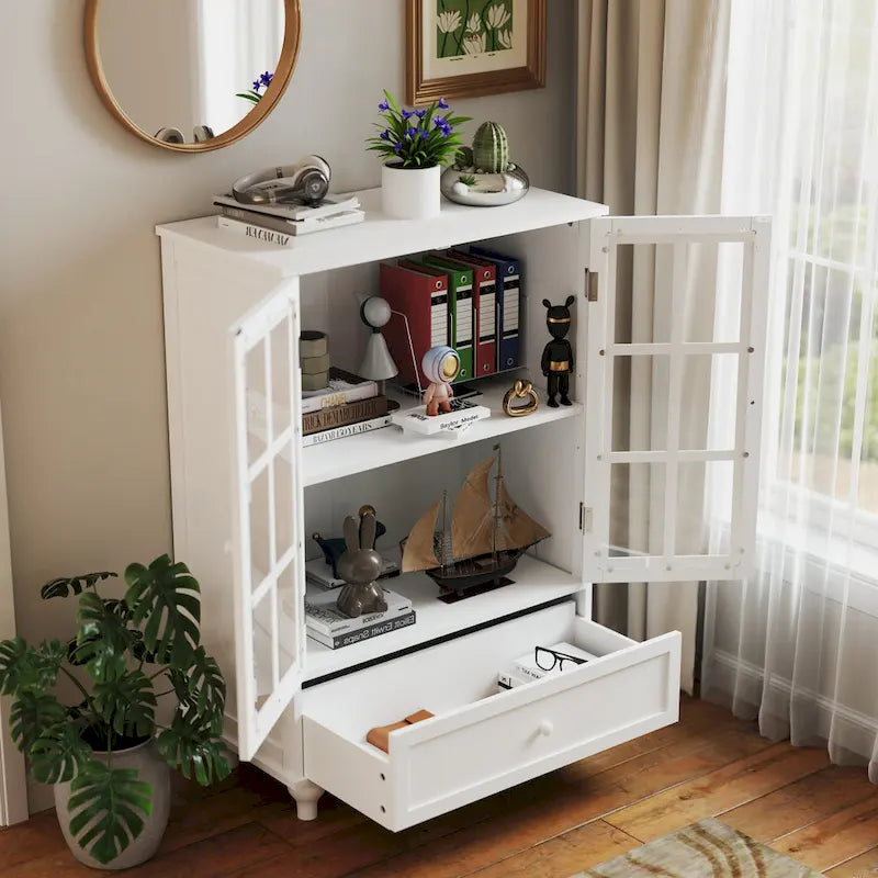 Aparador minimalista blanco con puertas dobles de cristal y cajón, aparador de almacenamiento moderno de madera