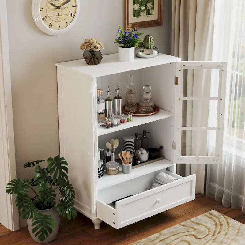 Aparador minimalista blanco con puertas dobles de cristal y cajón, aparador de almacenamiento moderno de madera
