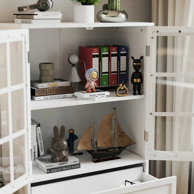 Aparador minimalista blanco con puertas dobles de cristal y cajón, aparador de almacenamiento moderno de madera