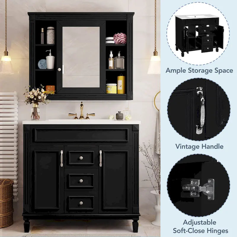 Mueble de baño de 36" con lavabo, gabinete de almacenamiento moderno para baño con 2 puertas de cierre suave, 2 cajones y un solo lavabo
