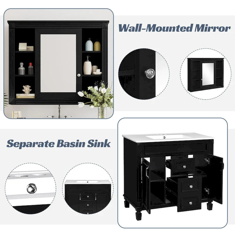 Mueble de baño de 36" con lavabo, gabinete de almacenamiento moderno para baño con 2 puertas de cierre suave, 2 cajones y un solo lavabo