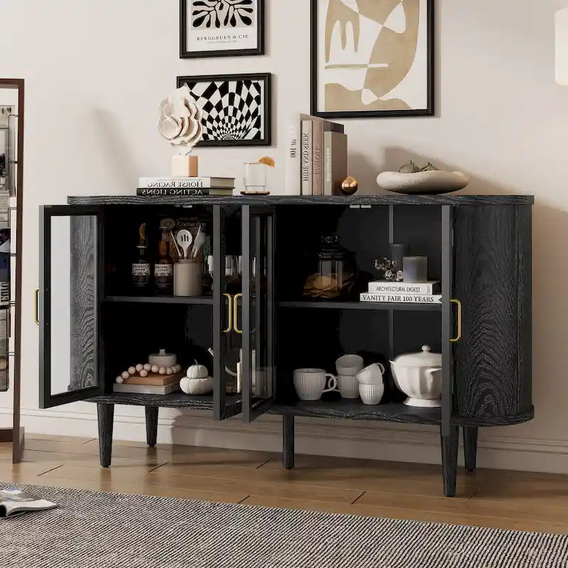 Aparador rústico, mueble buffet de madera, mueble de barra de café, vitrina con puertas de vidrio y estantes ajustables