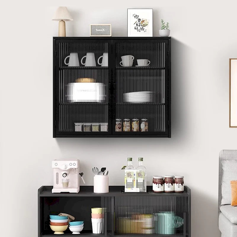Mueble de pared moderno con puertas de vidrio y estantes de almacenamiento