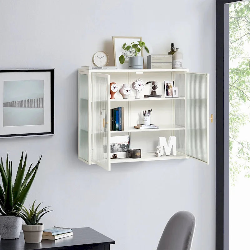 Mueble de pared moderno con puertas de vidrio y estantes de almacenamiento