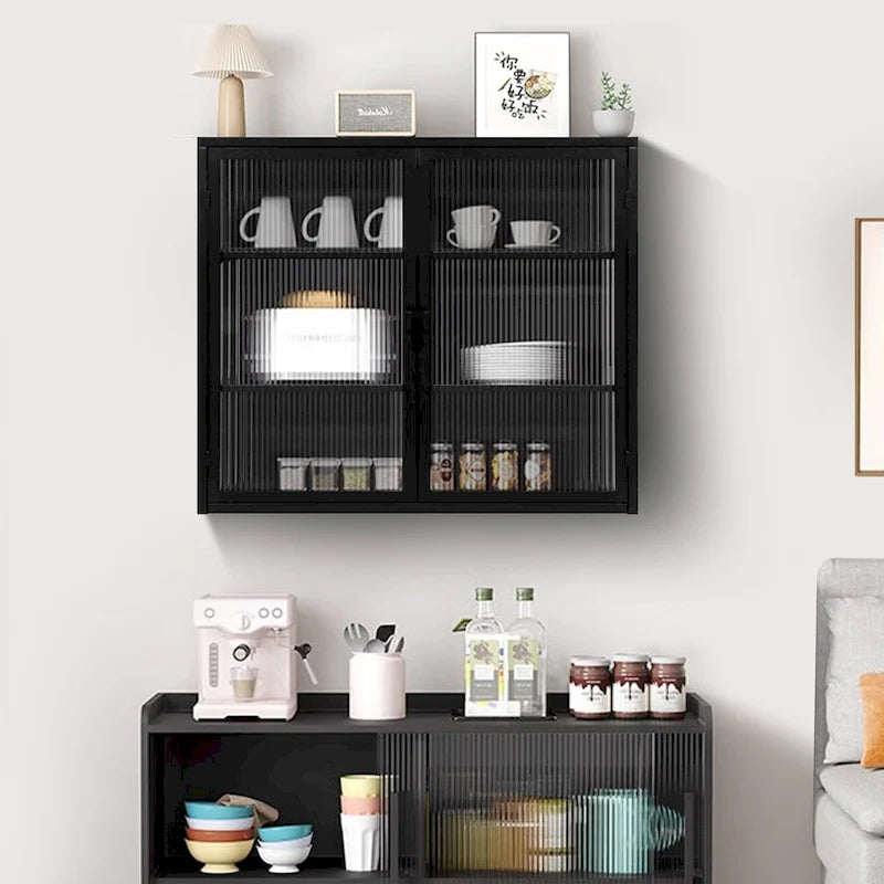 Mueble de pared moderno con puertas de vidrio y estantes de almacenamiento