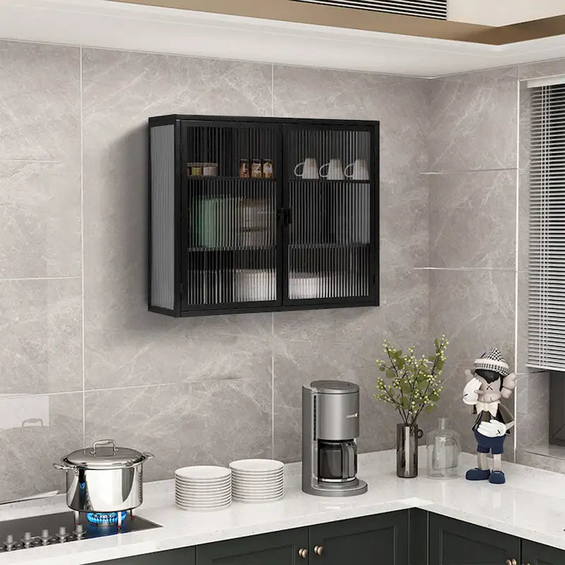 Mueble de pared moderno con puertas de vidrio y estantes de almacenamiento