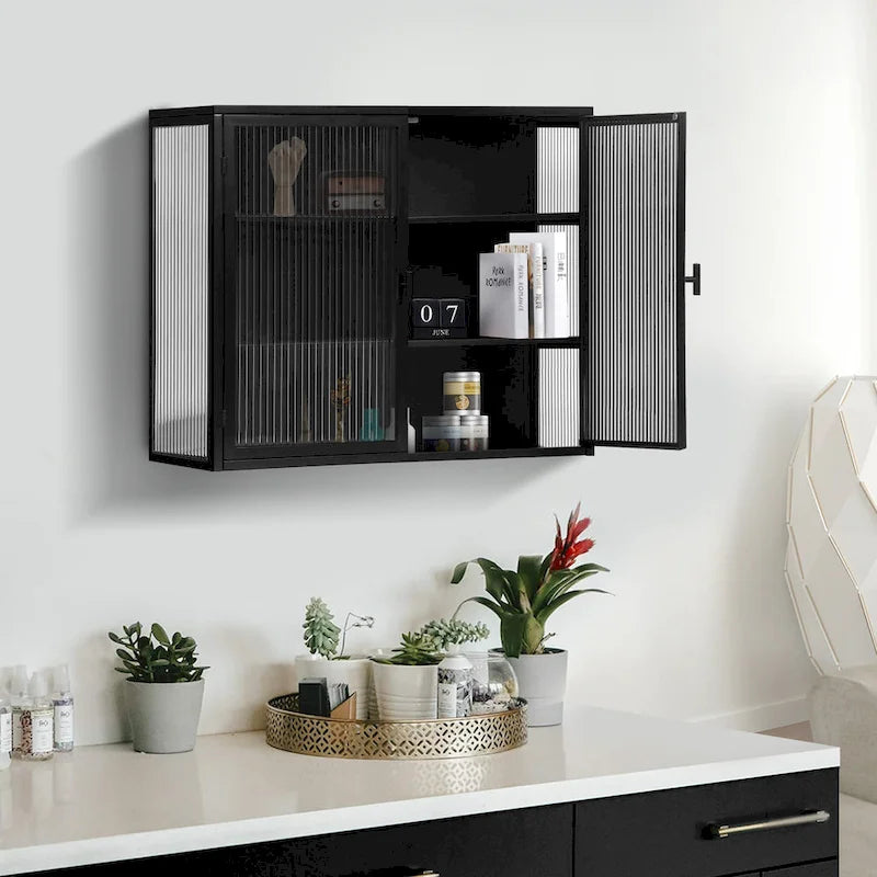 Mueble de pared moderno con puertas de vidrio y estantes de almacenamiento