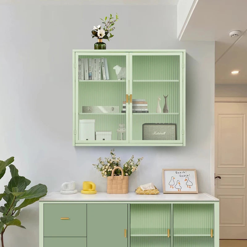 Mueble de pared moderno con puertas de vidrio y estantes de almacenamiento