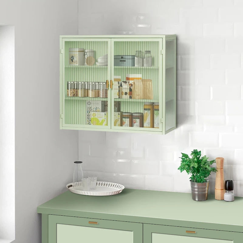 Mueble de pared moderno con puertas de vidrio y estantes de almacenamiento