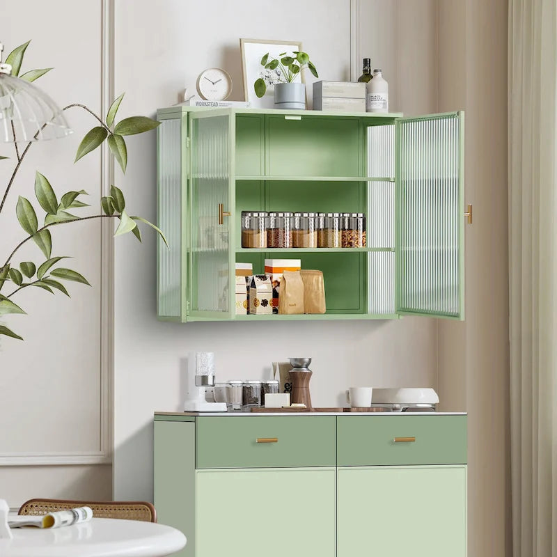Mueble de pared moderno con puertas de vidrio y estantes de almacenamiento
