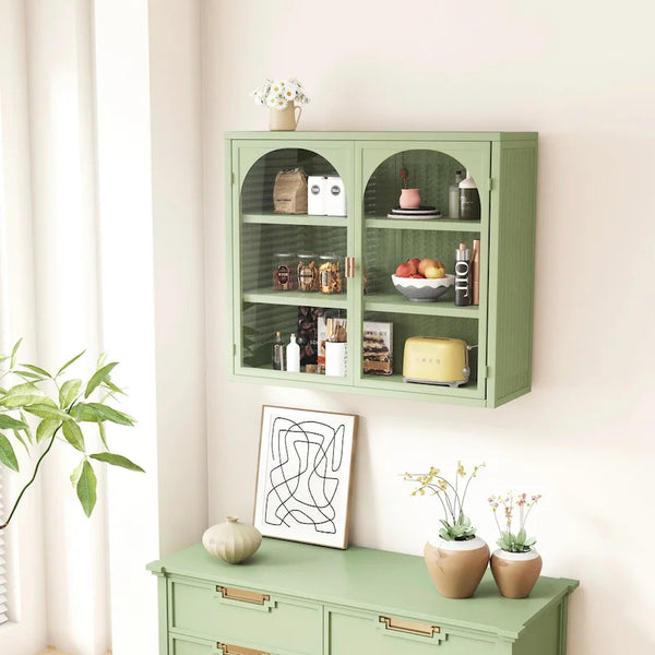 Mueble de pared moderno de dos puertas con frentes de vidrio y estantes desmontables