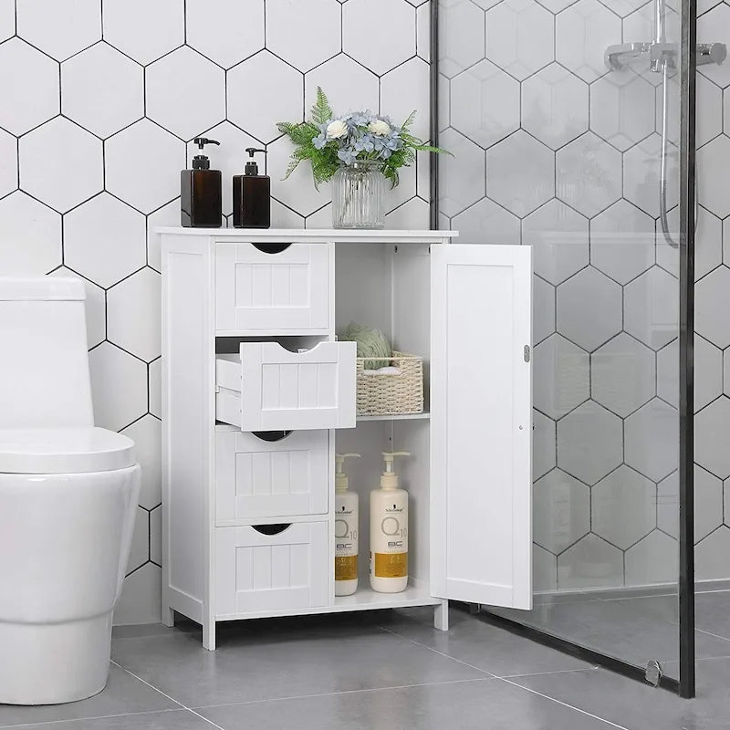 Armario de almacenamiento de baño blanco, armario de suelo con estante ajustable y cajones