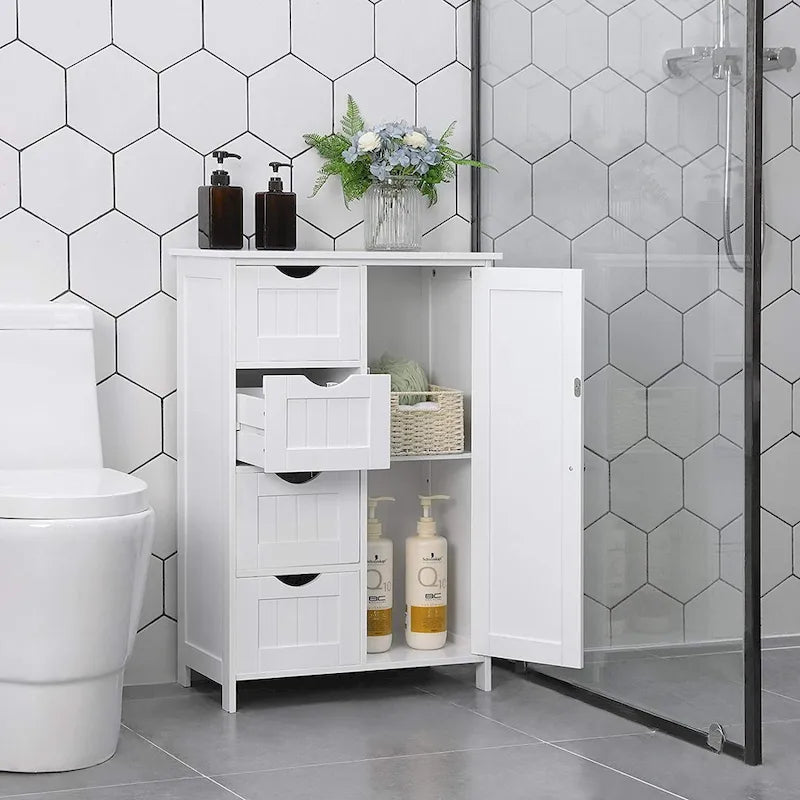 Armario de almacenamiento de baño blanco, armario de suelo con estante ajustable y cajones