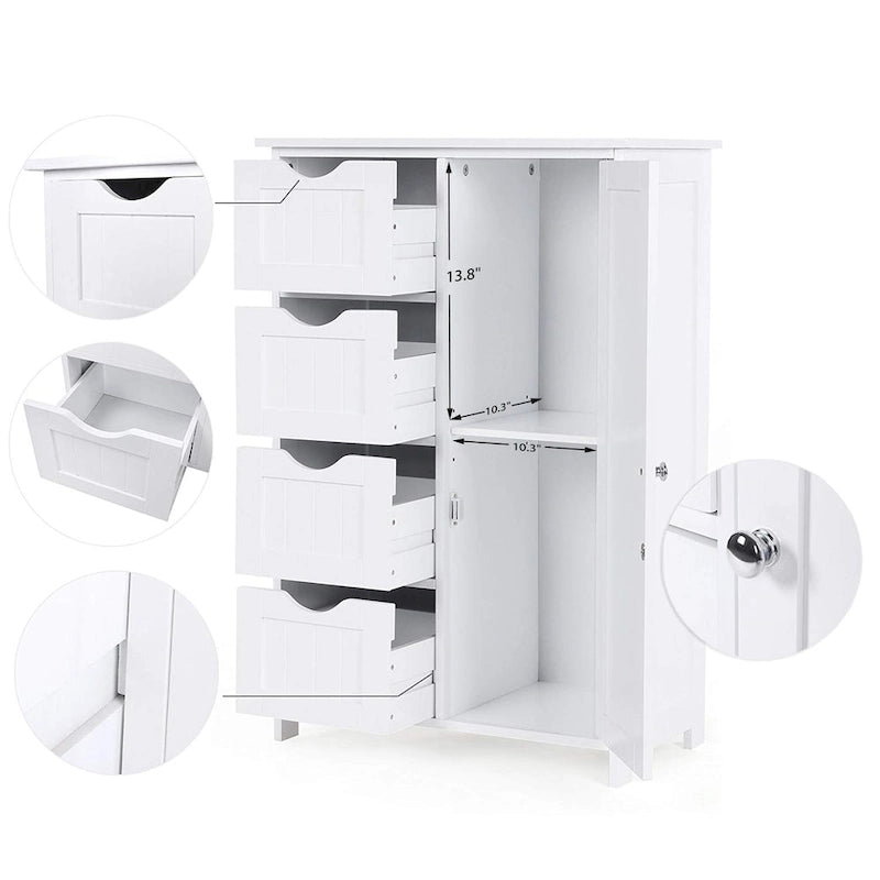 Armario de almacenamiento de baño blanco, armario de suelo con estante ajustable y cajones