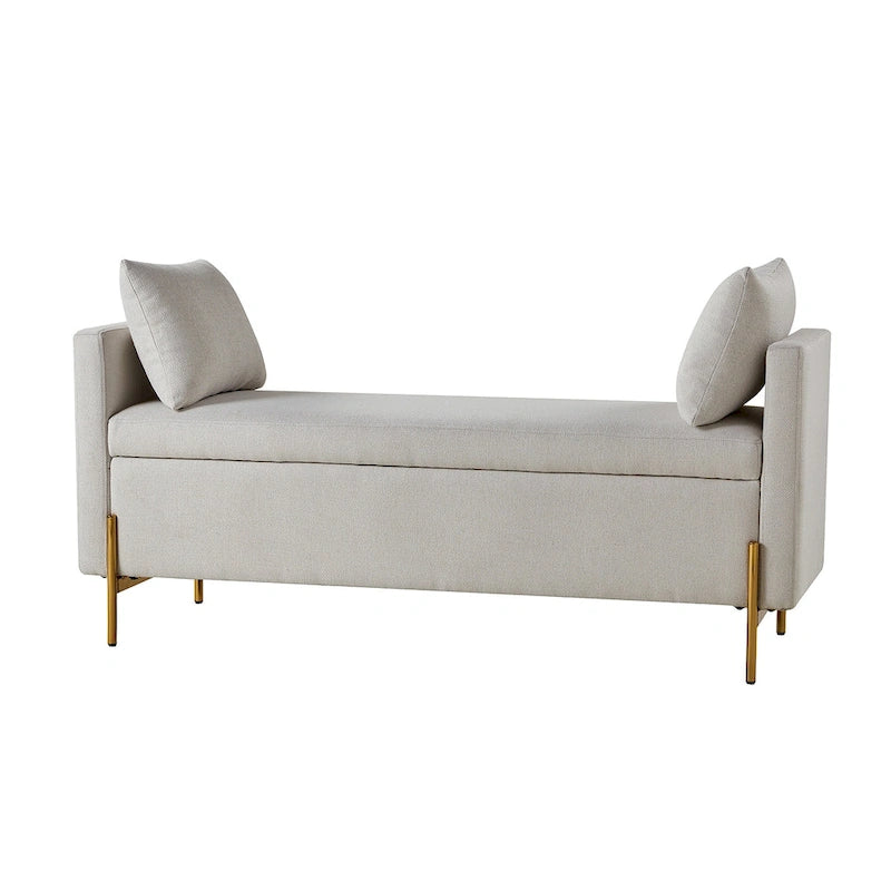 Banco de almacenamiento tapizado con tapa abatible, dos almohadas y apoyabrazos
