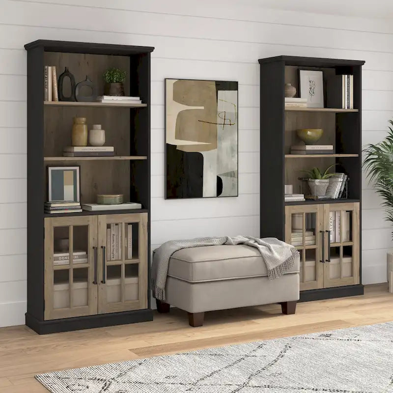 Armario de almacenamiento de 32 pulgadas con puertas de vidrio y manijas negras mate