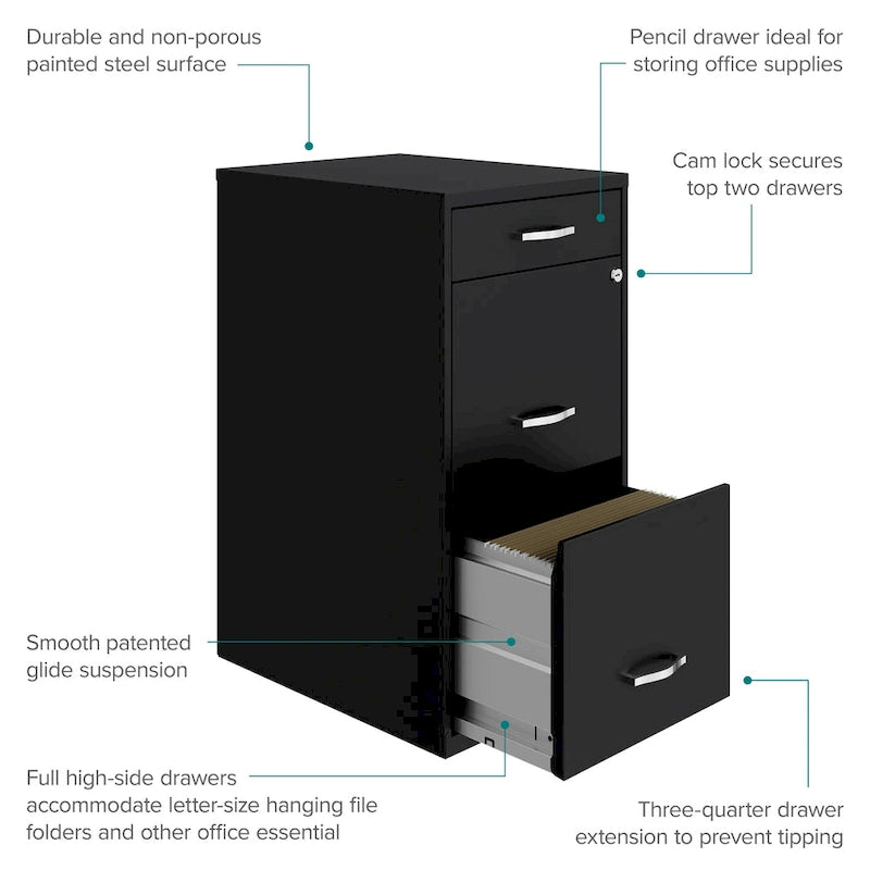 Archivador metálico de 3 cajones y 45,7 cm de profundidad para oficina en casa, color negro