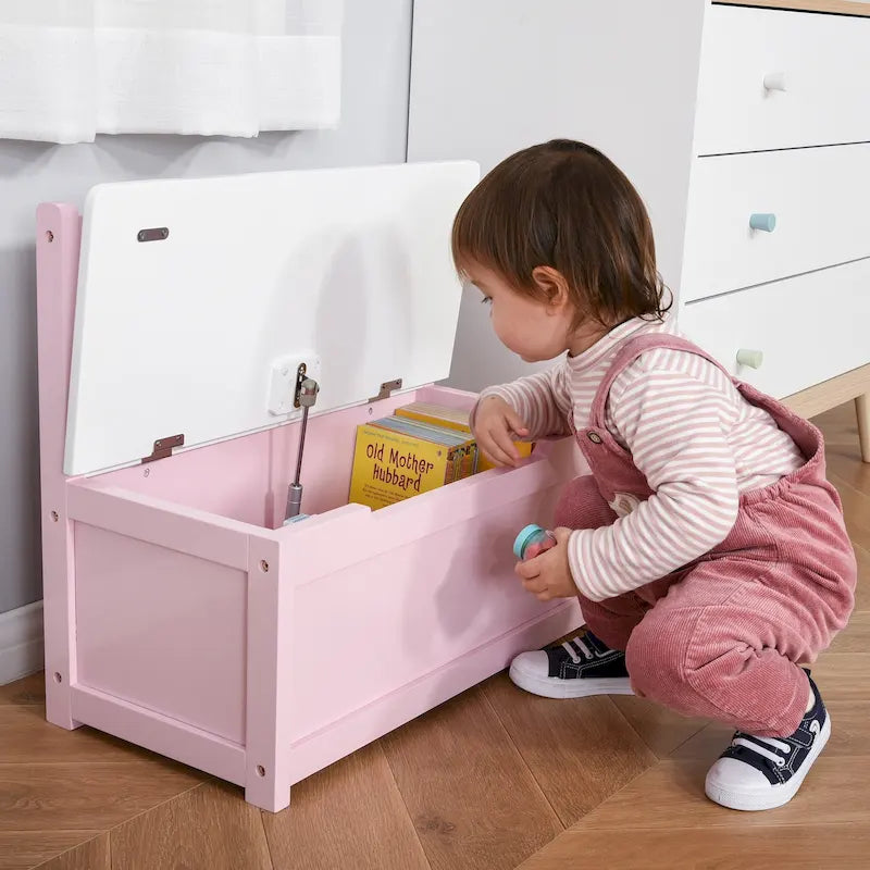 Baúl/Banco de Almacenamiento de Madera 2 en 1 para Niños con Tapa de Seguridad