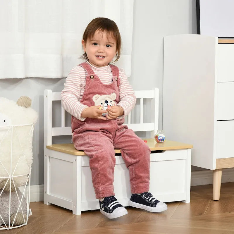Baúl/Banco de Almacenamiento de Madera 2 en 1 para Niños con Tapa de Seguridad