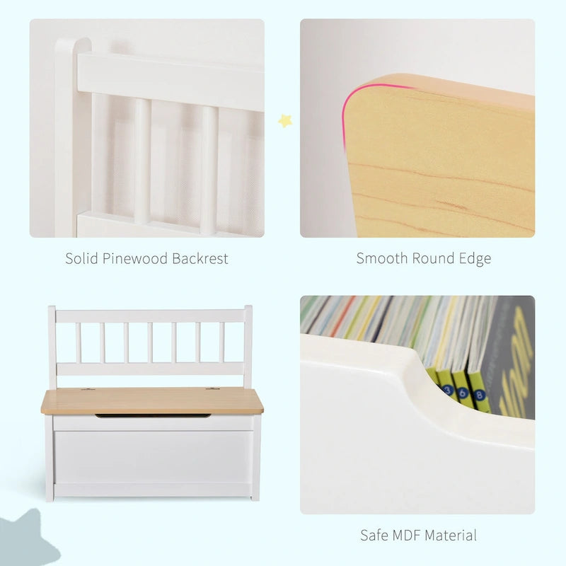 Baúl/Banco de Almacenamiento de Madera 2 en 1 para Niños con Tapa de Seguridad