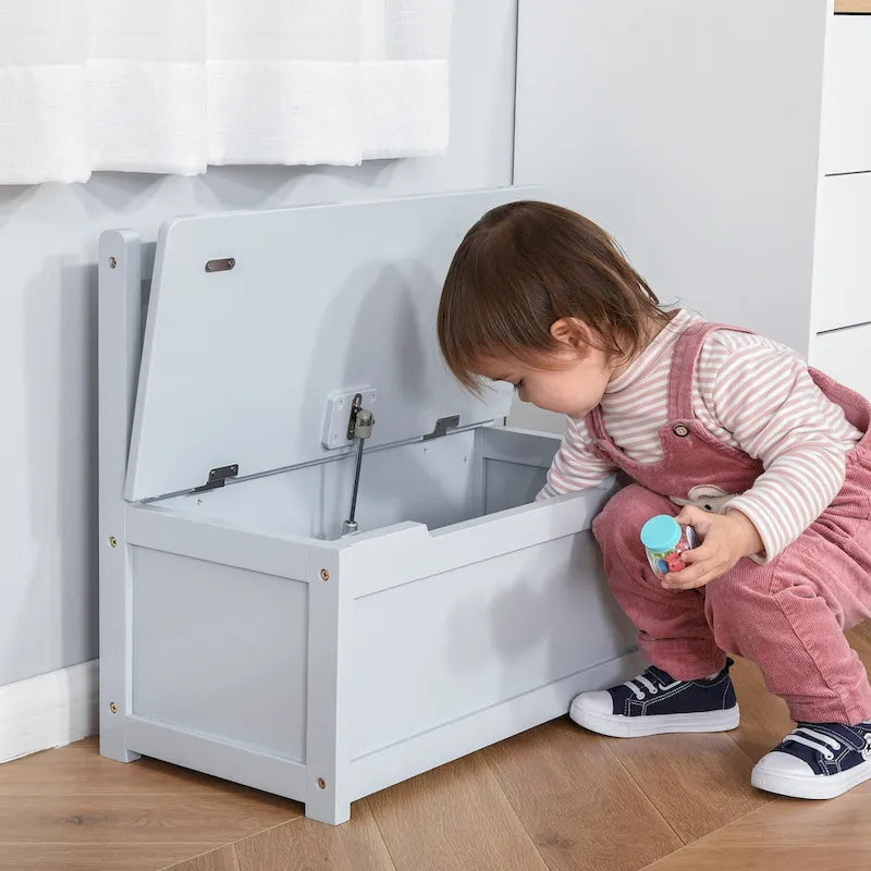 Baúl/Banco de Almacenamiento de Madera 2 en 1 para Niños con Tapa de Seguridad