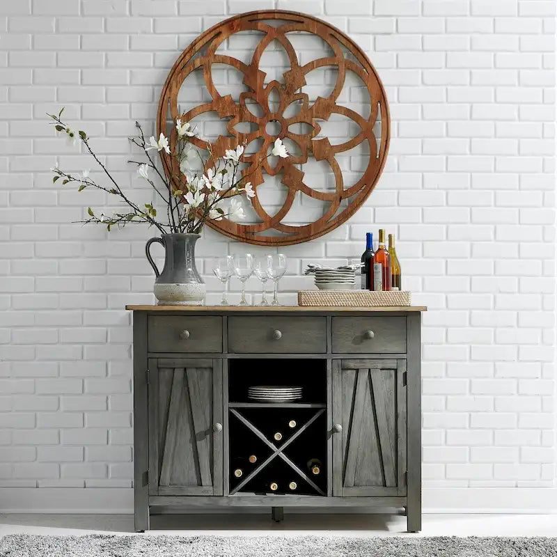 Aparador de comedor Farmhouse Gray y Sandstone con almacenamiento para vinos