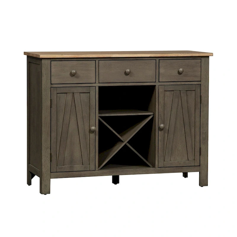Aparador de comedor Farmhouse Gray y Sandstone con almacenamiento para vinos
