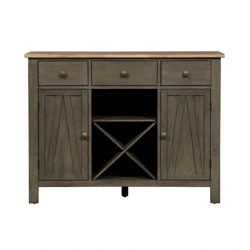 Aparador de comedor Farmhouse Gray y Sandstone con almacenamiento para vinos