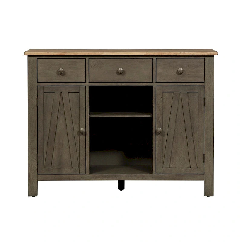 Aparador de comedor Farmhouse Gray y Sandstone con almacenamiento para vinos