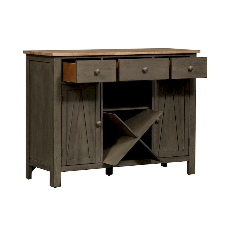 Aparador de comedor Farmhouse Gray y Sandstone con almacenamiento para vinos