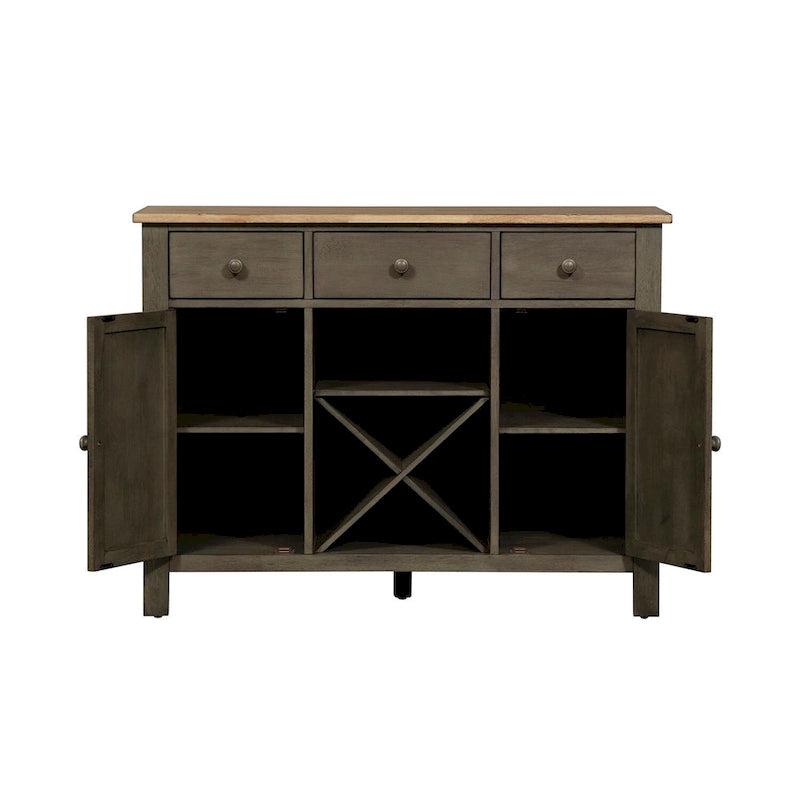 Aparador de comedor Farmhouse Gray y Sandstone con almacenamiento para vinos