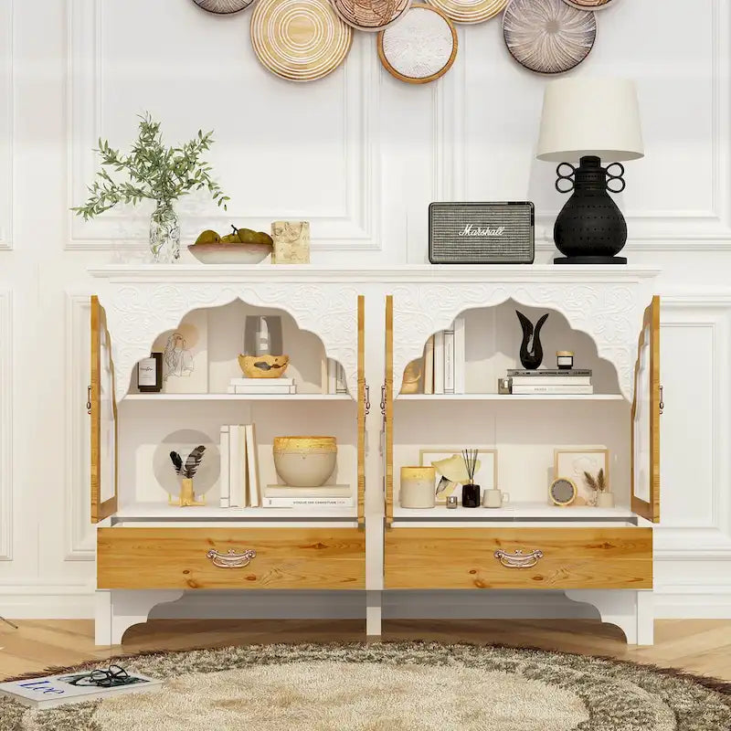 Mueble de almacenamiento de madera tallada para baño, aparador, vitrina de cristal acrílico
