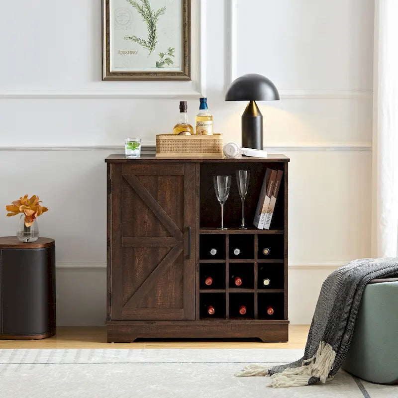 Mueble de Barra de Café con Botellero, Aparador con Puerta Corredera Tipo Granero y Cajón, Estantes de Almacenamiento Ajustables, para Sala de Estar, Comedor