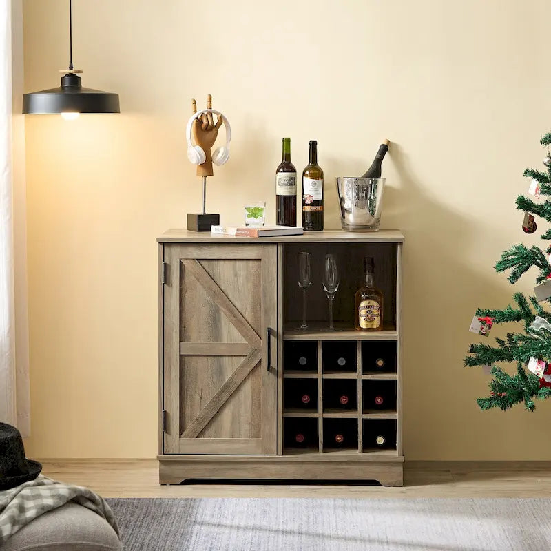 Mueble de Barra de Café con Botellero, Aparador con Puerta Corredera Tipo Granero y Cajón, Estantes de Almacenamiento Ajustables, para Sala de Estar, Comedor