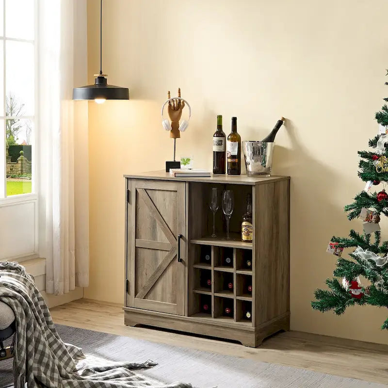 Mueble de Barra de Café con Botellero, Aparador con Puerta Corredera Tipo Granero y Cajón, Estantes de Almacenamiento Ajustables, para Sala de Estar, Comedor