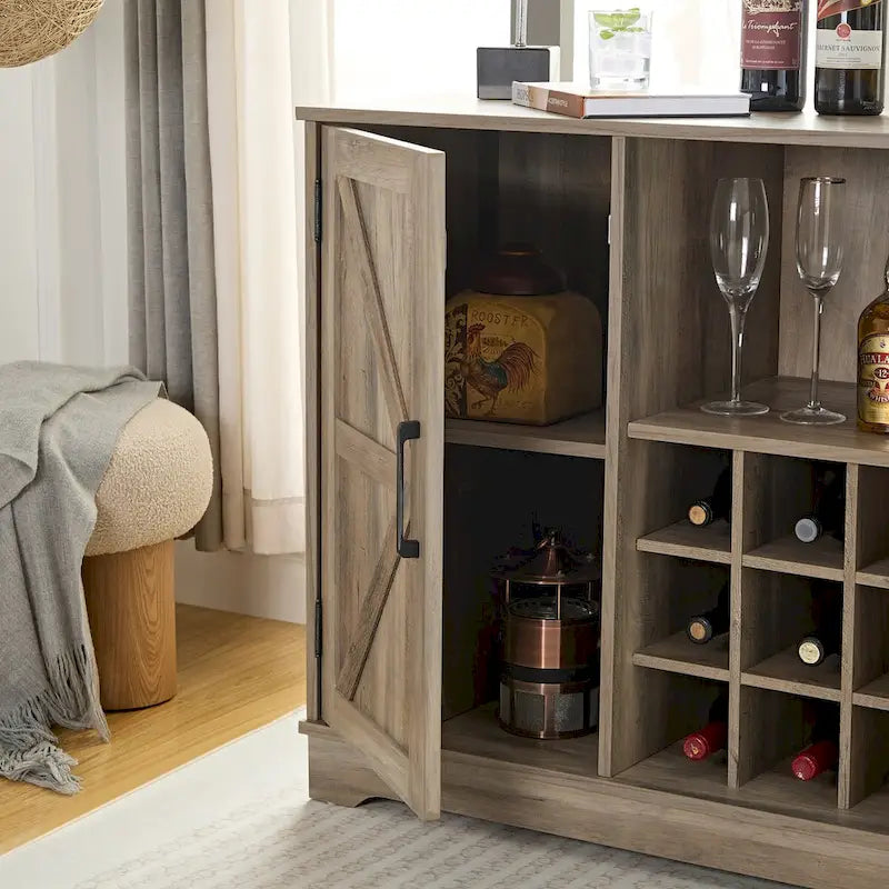 Mueble de Barra de Café con Botellero, Aparador con Puerta Corredera Tipo Granero y Cajón, Estantes de Almacenamiento Ajustables, para Sala de Estar, Comedor