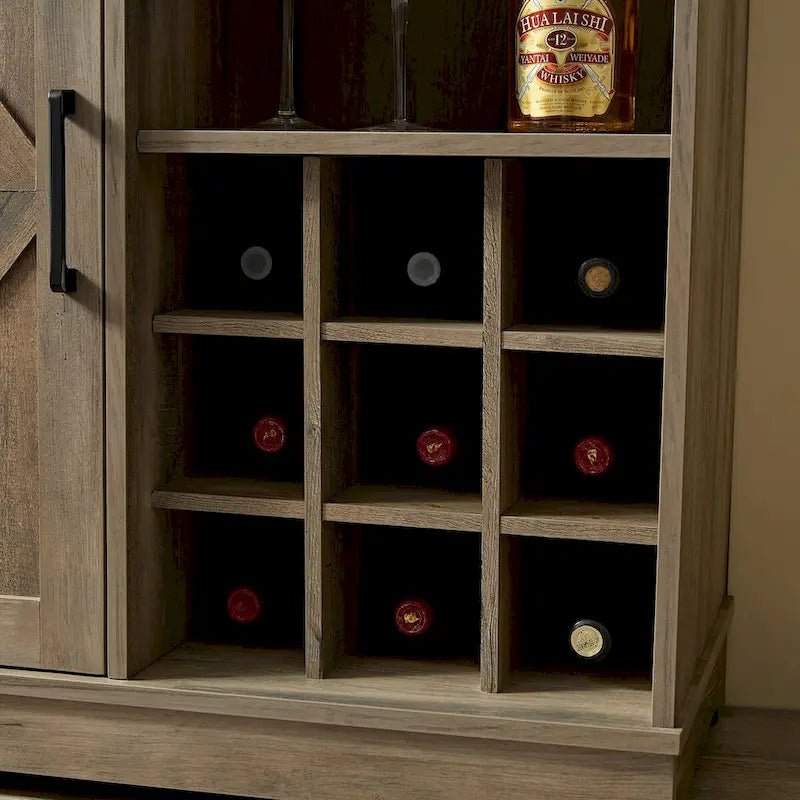 Mueble de Barra de Café con Botellero, Aparador con Puerta Corredera Tipo Granero y Cajón, Estantes de Almacenamiento Ajustables, para Sala de Estar, Comedor