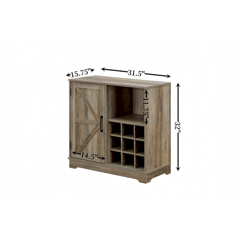 Mueble de Barra de Café con Botellero, Aparador con Puerta Corredera Tipo Granero y Cajón, Estantes de Almacenamiento Ajustables, para Sala de Estar, Comedor