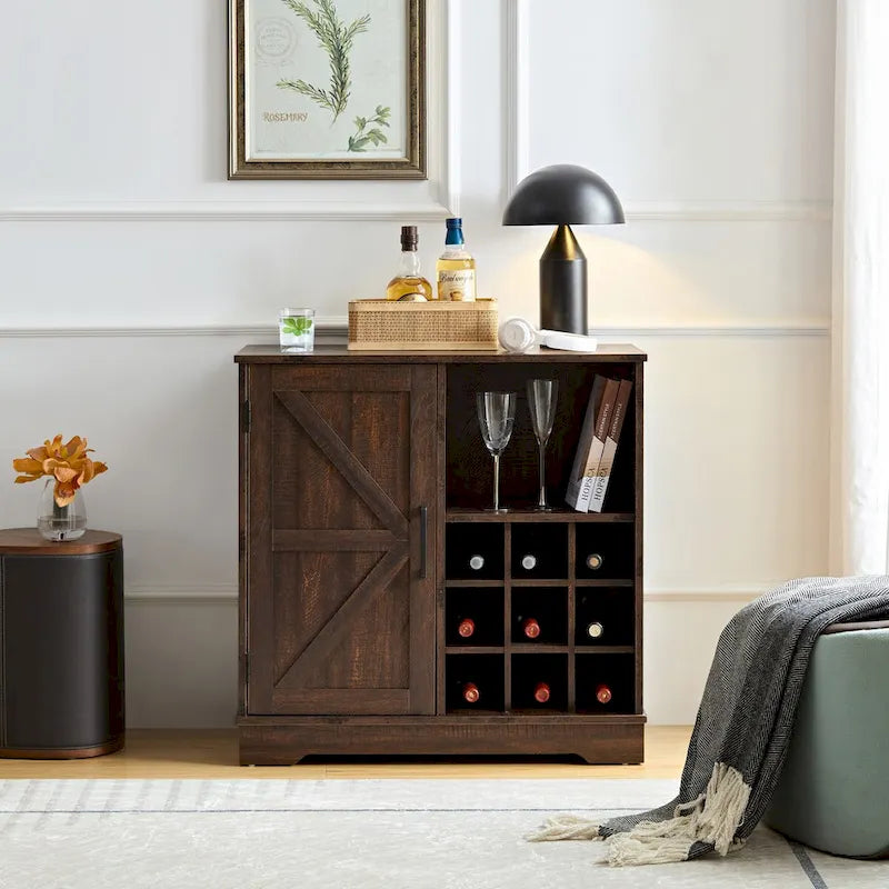 Mueble de Barra de Café con Botellero, Aparador con Puerta Corredera Tipo Granero y Cajón, Estantes de Almacenamiento Ajustables, para Sala de Estar, Comedor