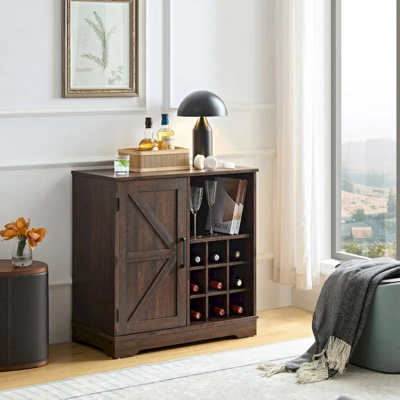Mueble de Barra de Café con Botellero, Aparador con Puerta Corredera Tipo Granero y Cajón, Estantes de Almacenamiento Ajustables, para Sala de Estar, Comedor