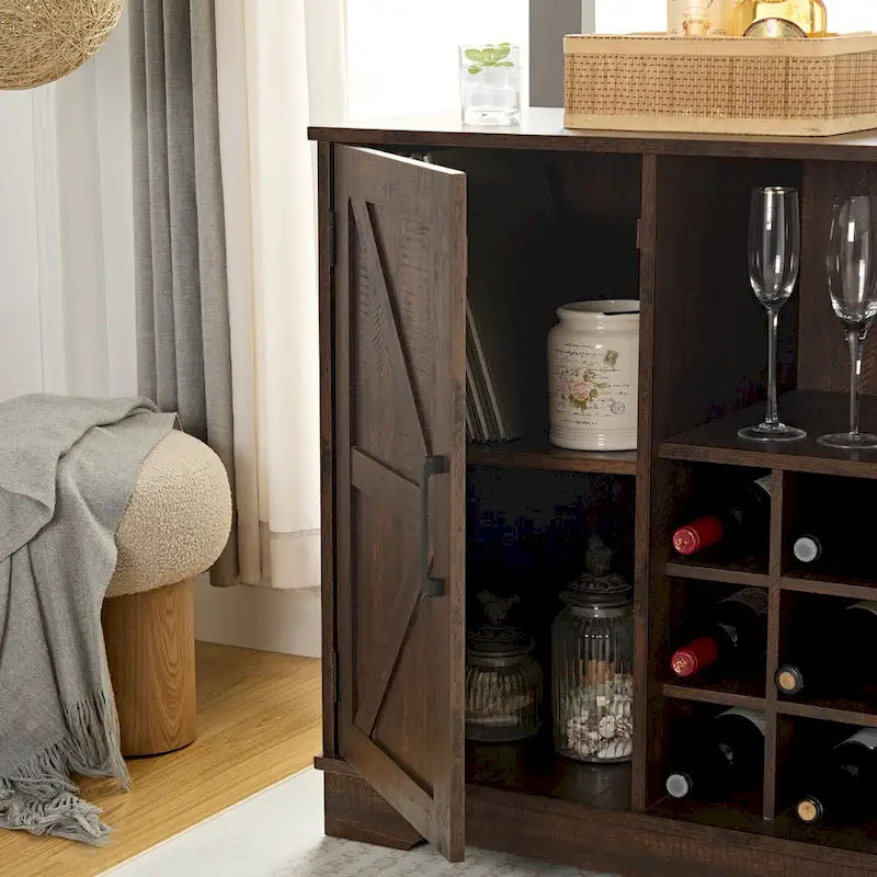 Mueble de Barra de Café con Botellero, Aparador con Puerta Corredera Tipo Granero y Cajón, Estantes de Almacenamiento Ajustables, para Sala de Estar, Comedor