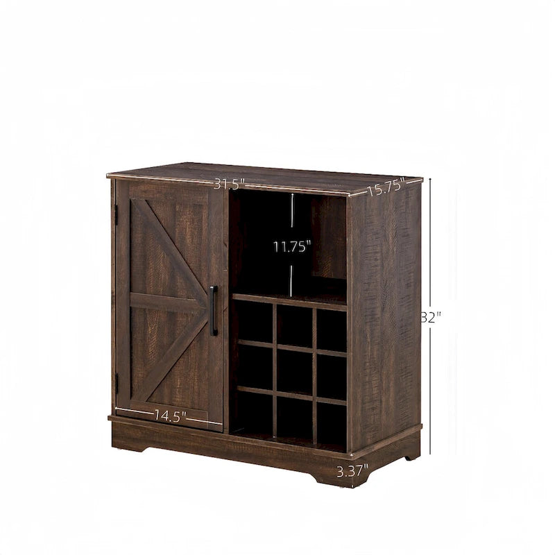 Mueble de Barra de Café con Botellero, Aparador con Puerta Corredera Tipo Granero y Cajón, Estantes de Almacenamiento Ajustables, para Sala de Estar, Comedor