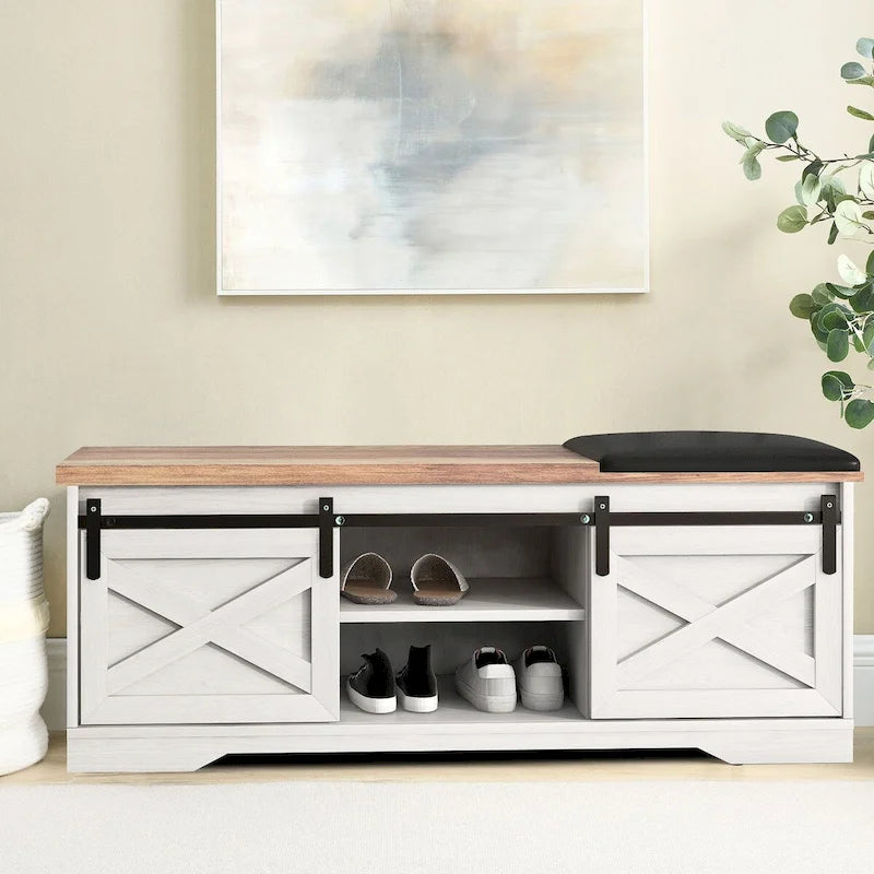 Banco de almacenamiento de madera estilo rústico vintage con puertas correderas