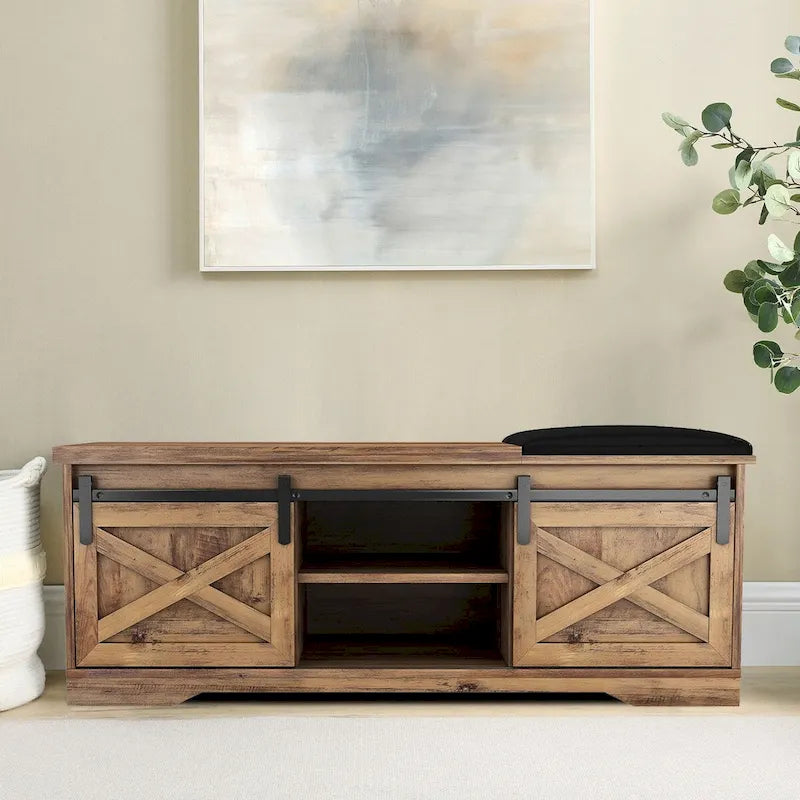 Banco de almacenamiento de madera estilo rústico vintage con puertas correderas