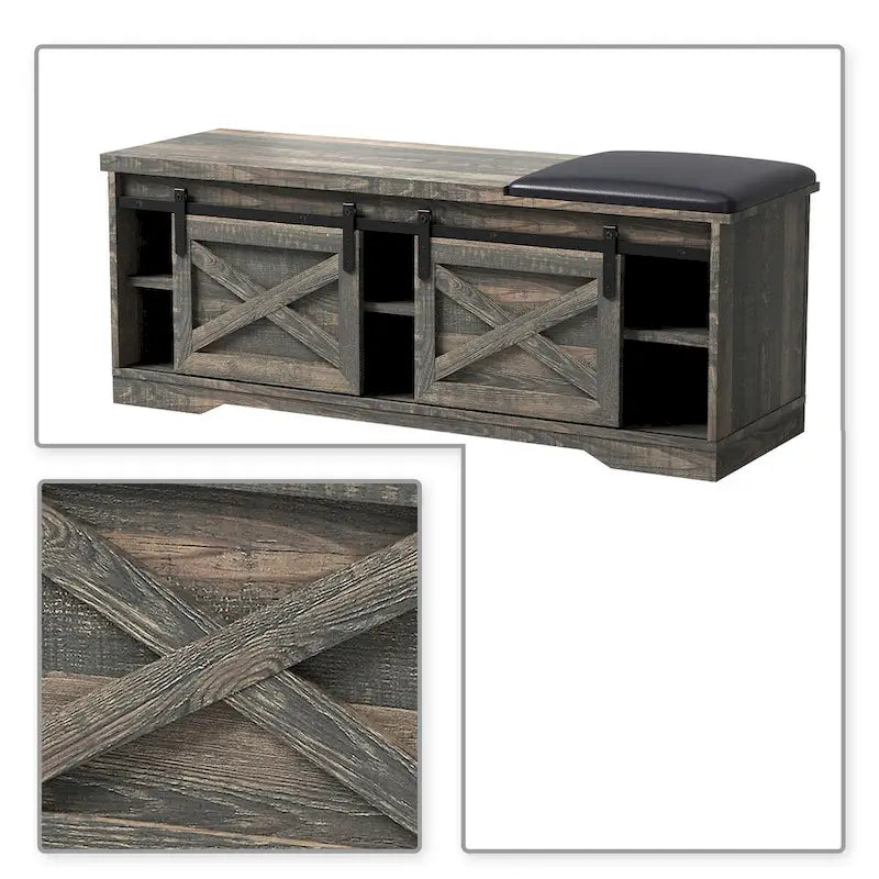 Banco de almacenamiento de madera estilo rústico vintage con puertas correderas