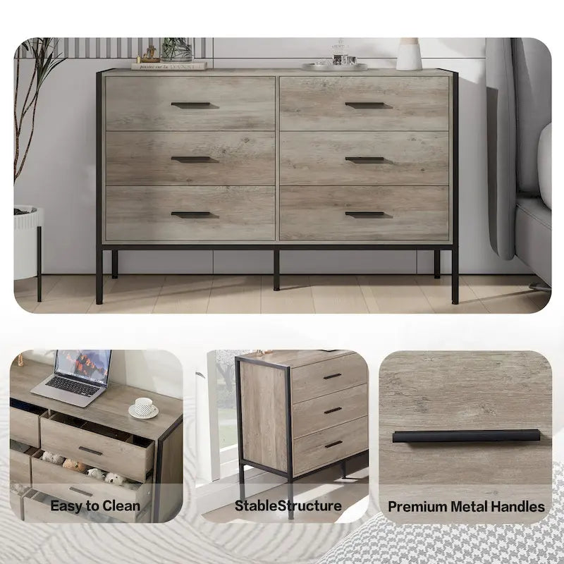 Cómoda de madera con 6 cajones, armario de almacenamiento de madera para dormitorio, armario de ropa macizo con estructura de acero resistente