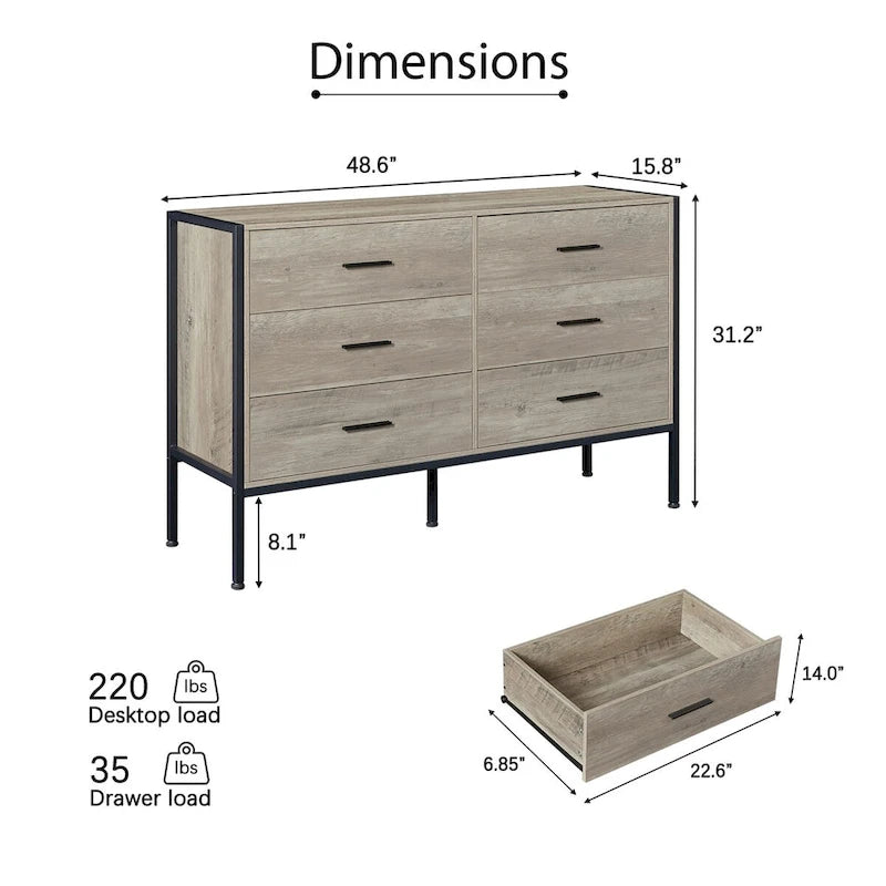 Cómoda de madera con 6 cajones, armario de almacenamiento de madera para dormitorio, armario de ropa macizo con estructura de acero resistente